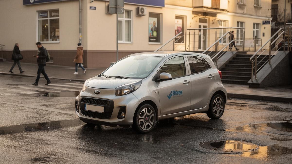Rental car waiting at a Kyiv pickup point beside a metro entrance